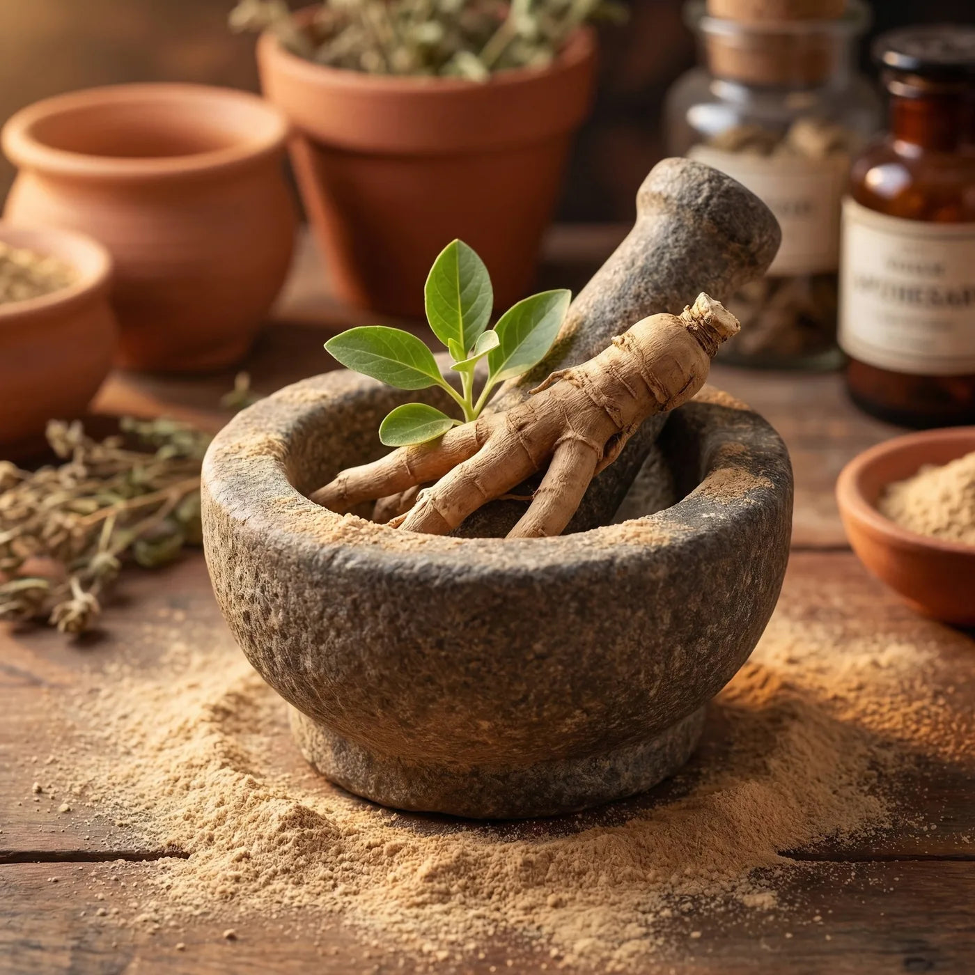 Ashwagandha-Wurzel mit Mörser und Pulver.