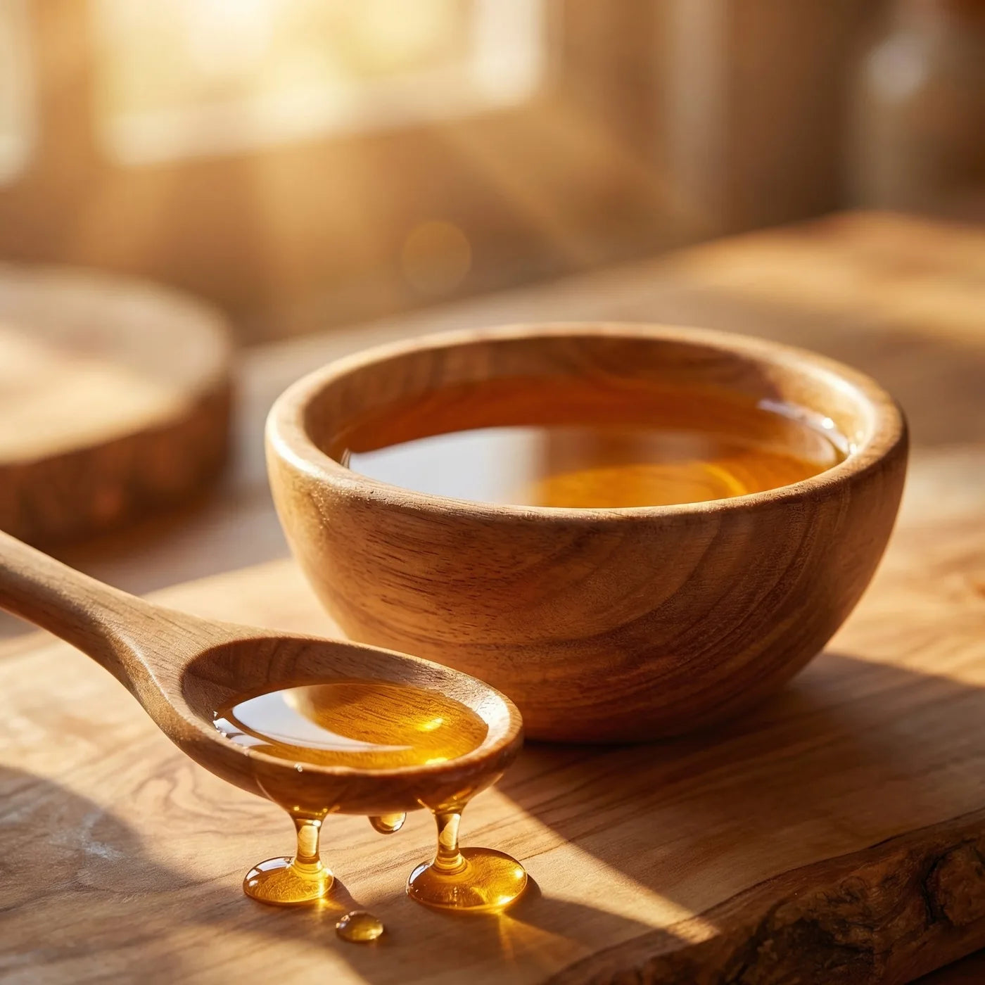 Goldener Honig in einer Holzschale mit Löffel.