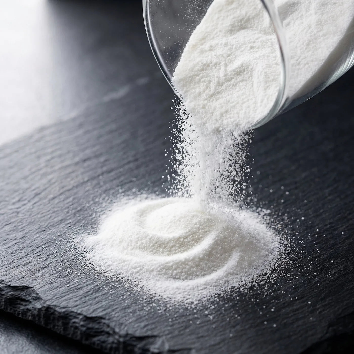 Feines weißes Magnesium-Pulver wird auf eine Schieferplatte geschüttet.
