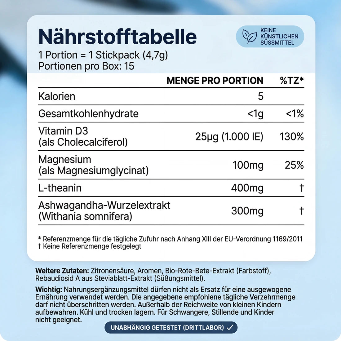 Nährstofftabelle: 15 Portionen pro Box, Vitamin D3, Magnesium, L-Theanin und Ashwagandha mit Mengenangaben.