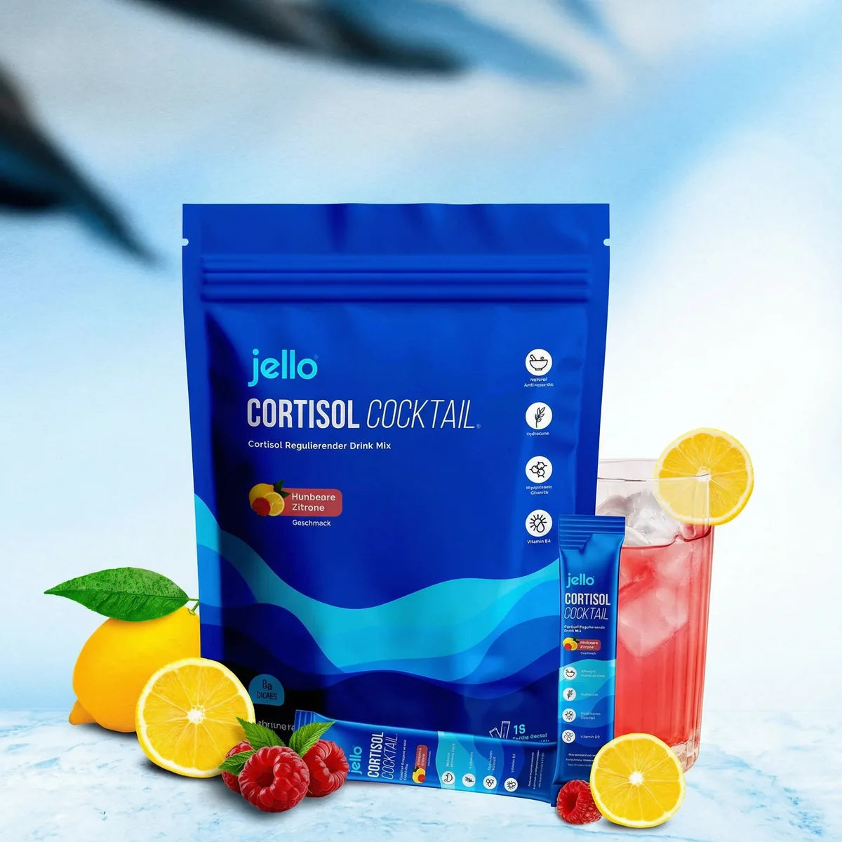 Jello Cortisol Cocktail Beutel mit To-Go-Sticks, Himbeeren, Zitronen und einem Glas des Getränks.