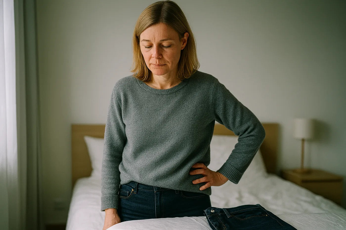 Frau steht im Schlafzimmer und blickt nachdenklich auf eine Jeans, die sie heute nicht anzieht.