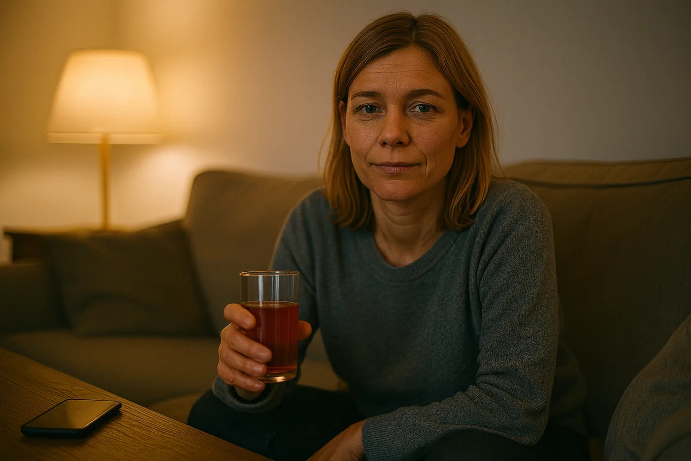 Frau sitzt abends entspannt auf dem Sofa mit einem Glas des Getränks, das Handy liegt umgedreht auf dem Tisch.