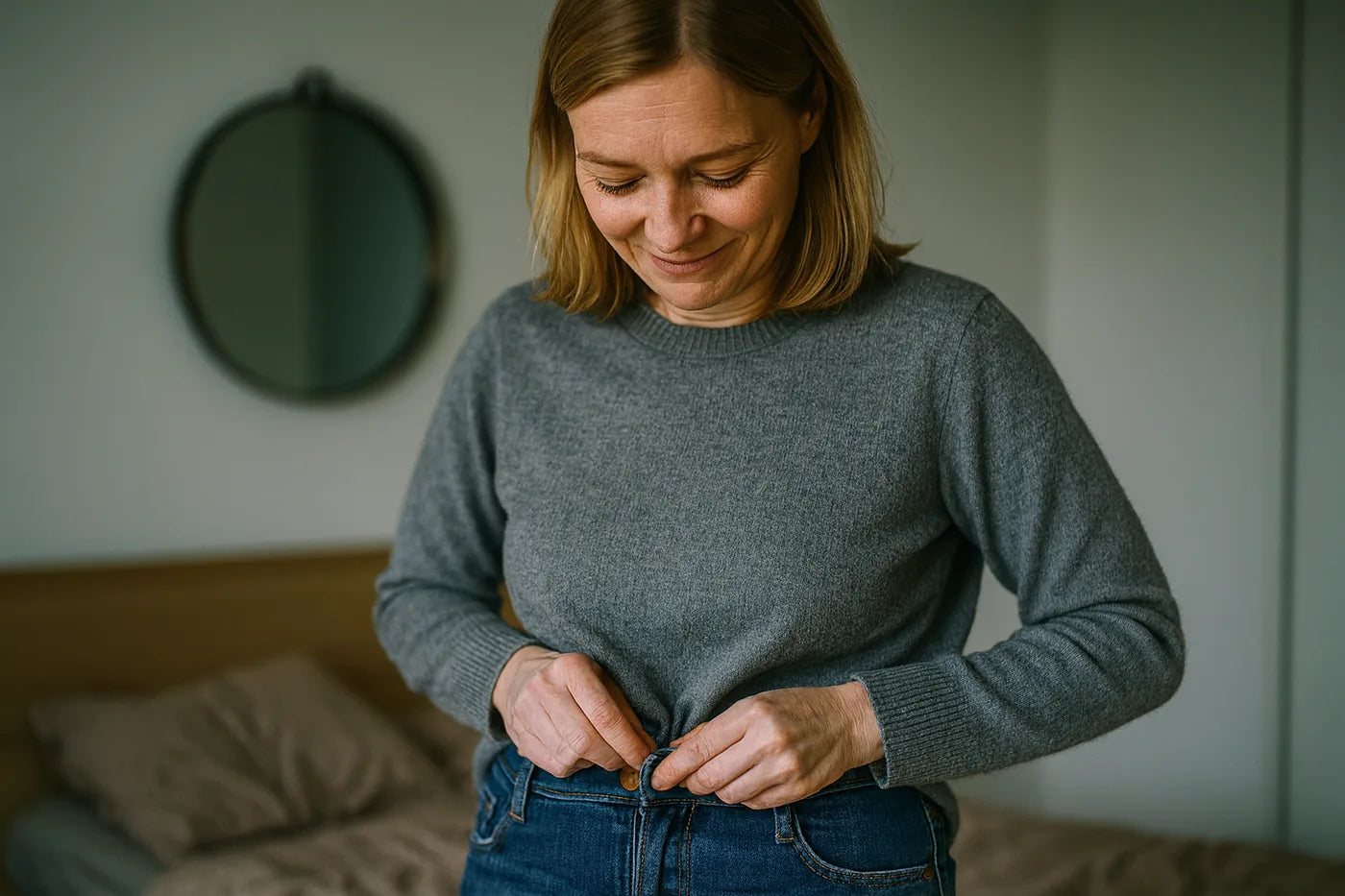 Frau schließt im Schlafzimmer mühelos den Knopf ihrer Jeans und lächelt zufrieden.