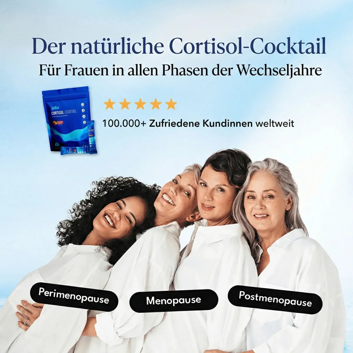 Vier lächelnde Frauen unterschiedlichen Alters in weißen Hemden, dazu der Jello Beutel und die Bezeichnungen Perimenopause, Menopause und Postmenopause.