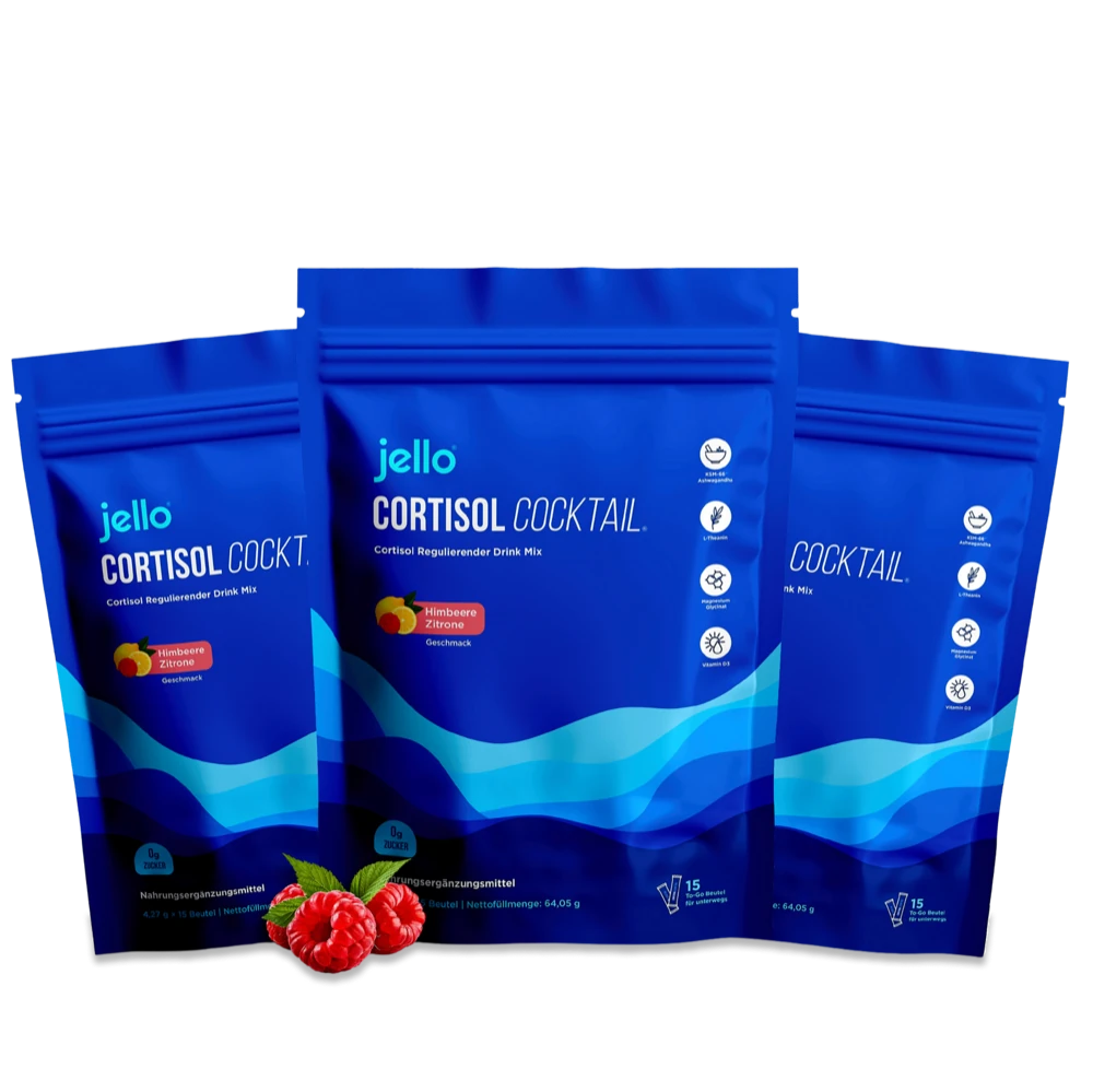Drei Beutel Jello Cortisol Cocktail nebeneinander mit frischen Himbeeren.