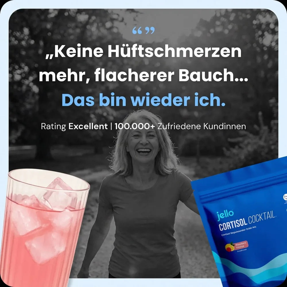 Lachende Kundin im Park, daneben ein Glas des Getränks und der Jello Beutel. Zitat: Keine Hüftschmerzen mehr, flacherer Bauch. Das bin wieder ich.